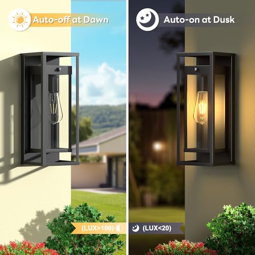 Image of Dusk to Dawn Outdoor Wall Sconce Black Modern Exterior Lighting Fixture | 15 Inch, Waterproof, Large Porch Light, Outside Lantern Wall Mounted, Outdoor Lamps for Coach, Doorway and Patio, E26 Base