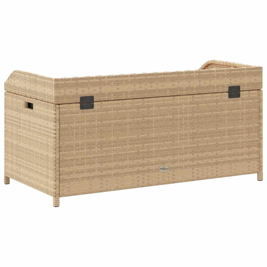 Ławka do przechowywania polirattanowa beżowa 100 x 50 x 52 cm | Odporna na warunki atmosferyczne, sprężyna gazowa, wodoszczelna torba wewnętrzna, ławka do siedzenia z pudełkiem do