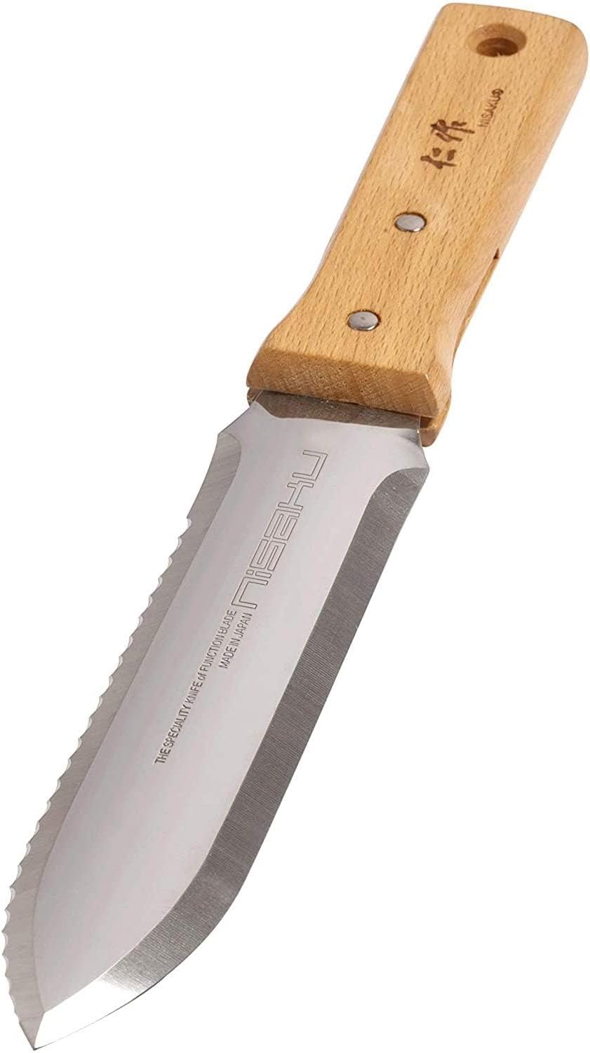 Tomita Japanese Hori Hori Garden Landscaping Digging Tool with 7-inch Stainless Steel Blade & Sheath, Natural Wood Handle (Design 1, 1)