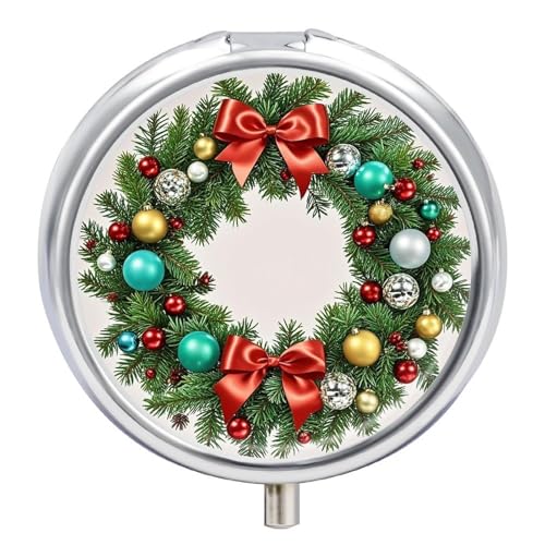 Round Christmas Wreath of Evergreen Branches Pill Organizer Pill Box 3 Compartment Portable Travel Medicine Case Daily Mini Compact Medicine Container Storage Vitamin Supplement Dispenser