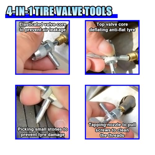 Image of Tire Valve Stem Core Quickly Replacement Tool Kit, Quick Change Stem Removal Tool with 4-Way Valve Tool & 5 TR413 Valves for Replacing Leaky Valves, Tire Valve Tool for Car Truck Motorcycle (Black)