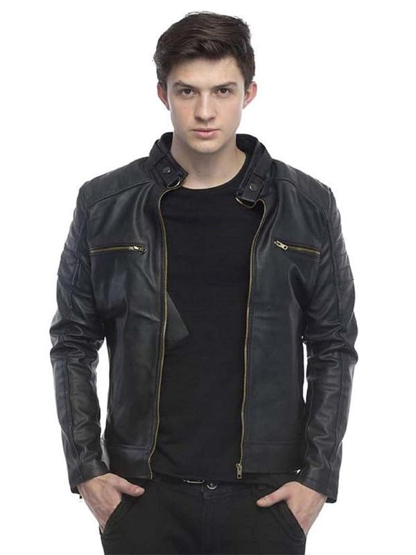Image of Leather Retail Men's Black Faux Leather Jacket with Stand Collar