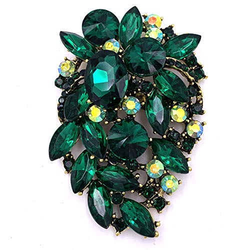 SELOVO Leaf Flower Green Rhinestone Crystal Statement Brooch Pin Accessory Gold Tone