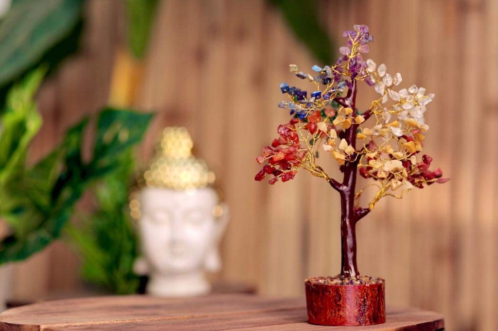 Aadit Crreation Seven Chakra Natural Crystal Bonsai Fortune Money Tree for Good Luck, Wealth & Prosperity-Home Office Decor Spiritual Gift (with Golden Wire and 300 Beads) Size 10-12 Inches