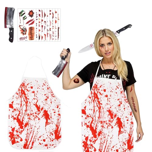 Ayucanpeng Disfraz de Carnicero de Halloween,Sangriento Carnicero Halloween Disfraces,Delantal Sangriento Cuchillo Diadema,Falsa Tatuajes Pegatinas,para fiestas de terror de Hallo-ween