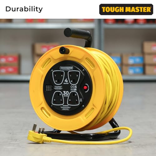 Carrete de cable de extensión resistente Tough Master 30m 4 enchufes 13A 7