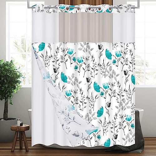 Alishomtll No Hooks Shower Curtain with Snap in Liner, Teal Watercolor Floral Shower Curtain, Double Layer Washable Shower Curtain, See Through Shower Curtain Sets with Liner, 71’’ x 74’’ Alishomtll No Hooks Shower Curtain with Snap in Liner, Teal Watercolor Floral Shower Curtain, Double Layer Washable Shower Curtain, See Through Shower Curtain Sets with Liner, 71’’ x 74’’