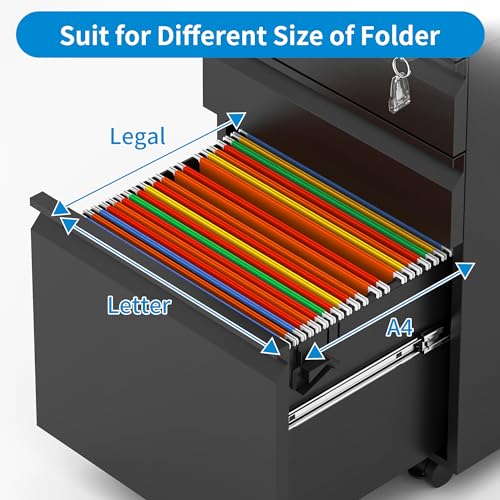 EKJ 3 Drawer Mobile File Cabinet, Black Metal Under Desk Filing Cabinets with Wheels, Locking Slim Vertical File Cabinet for Home Office, Fully Assembled, fits Letter/Legal/A4 Size Folder (Black)