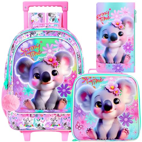 UFNDC 4 unidades de mochila com rodinhas para meninas, linda mochila infantil com rodas, mochila escolar com rodas para viagens primárias, Mochila com rodinhas rosa coala com impressão UV, One Size,