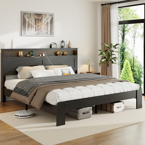 Image of King Size Wooden Bed Frame with Headboard, Rustic Farmhouse Wooden Bedframe with LED Lights and Charging Station, Easy Assembly, No Box Spring Needed (Black, King)