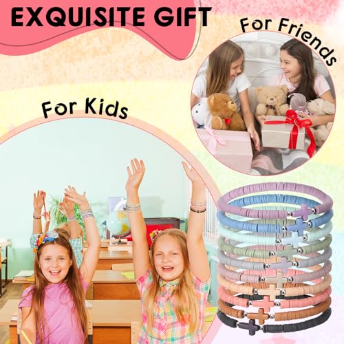 30 Pcs Cross Bracelets Bulk Jesus Bracelets Handmade Elastic Colorful Polymer Clay Beaded Religious Wristbands Christian Wristbands for Women Kids Sunday Halloween Christmas 5
