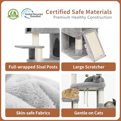 Image of Heybly Cat Tree, 74-Inch Streamlined Cat Tower for Large Cats HCT061W | Cat Furniture with 3-Tier Stacked Condos, Large Perch, Sturdy Base, Full Sisal Scratching Posts & Ramp, Light Gray