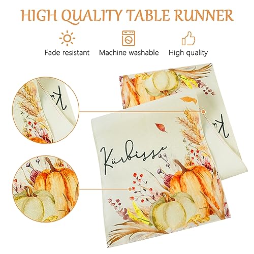 AUAUY Orange Pumpkins Ears of Wheat Table Runner, Seasonal Autumn Thanksgiving Table Decoration for Indoor Outdoor Home Party, Pumpkins Maple Leaves Printing Table Decor for Kitchen Dining 40x140cm - Image 2