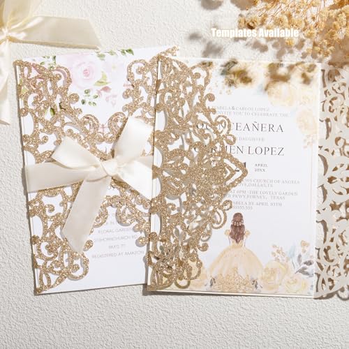 image for AdasBridal 50Pcs Glitter Floral Laser Cut Wedding Invitation Cards wit