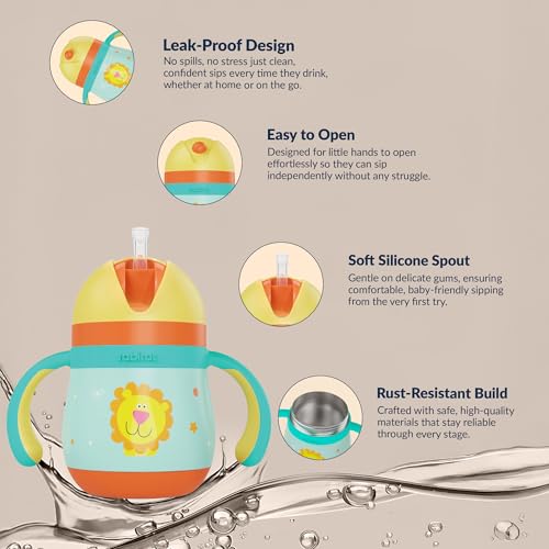 Image of rabitat Gravity EasyFlow Stainless Steel Sippy Cup 390ml | 2 Years Brand Warranty | Leak Proof | BPA Free Soft Silicone Straw | Sippy Cup for Kids with Weighted Straw | Sunny Roar