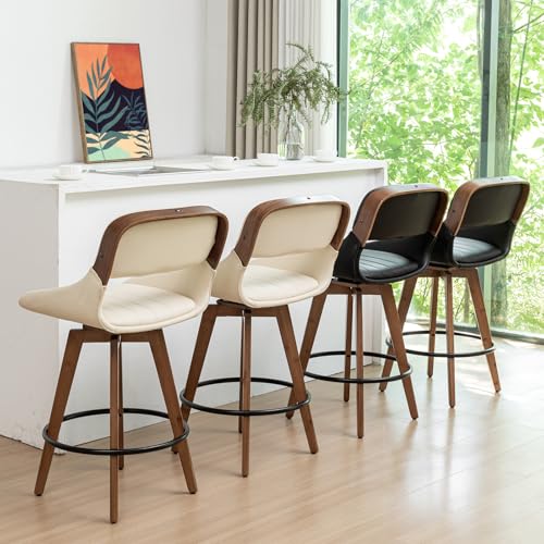 Set de 2 butacos de altura de barra - Butacos giratorios de estilo mid century de 29,5 pulgadas con asiento tapizado en cuero sintético, estructura de nogal y patas de bambú, para cocina/isla/bar/café (verde nogal) miniatura 7