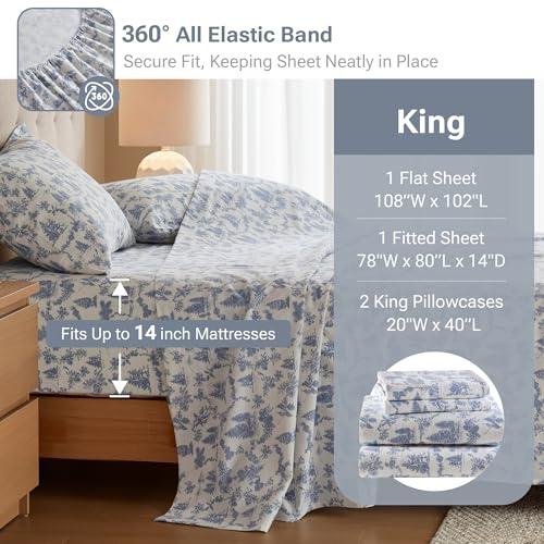 Sleep Philosophy True North Cotton Sheet Set Cozy Print 100% Cotton Flannel Sheets Bedding Set, Oversized Sheets, Deep Pocket Fits Up to 14" Mattress King Bed Sheets King Toile Pine Trees 4 Piece