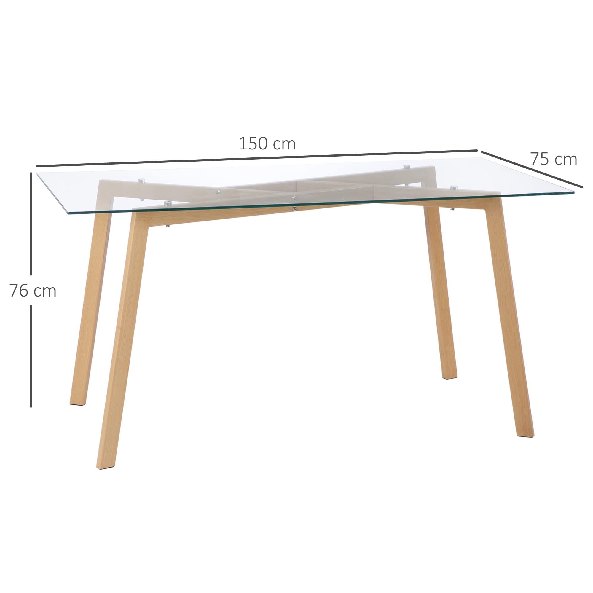 HOMCOM Mesa de Comedor Rectangular Moderna para 6 150x75x76 cm Transparente | Rectangular, Mesa de Cocina Moderna, Patas de Acero, Superficie de Vidrio Templado