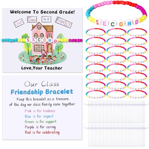 XunYee 24 Sets Back to School Gifts for Student Include Our Class Is a Family Greeting Card and First Day of School Bracelet with Bags Letter Bracelet for 1st Day of Classroom (Second Grade)