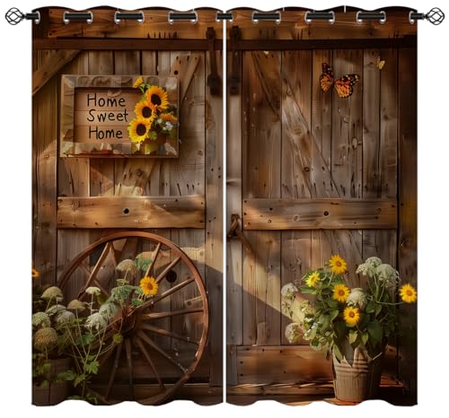 Rustic Barn Door Blackout Curtains for Girls Boys Kids Home Decor, Sunflower Wooden Wheel Farmhouse Grommet Thermal Insulated Drapes Darkening Window Curtain for Bedroom Living Room, 42 x 45 Inch