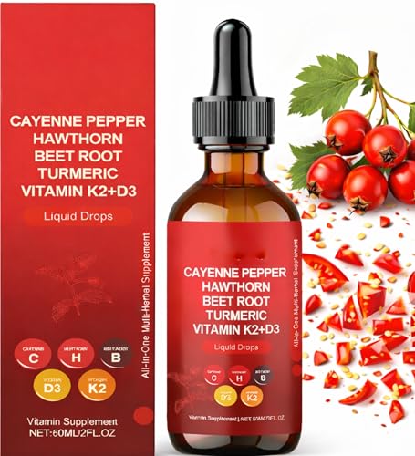 Gotas de Cayena: Mezcla líquida orgánica con espino blanco, remolacha, cúrcuma y vitaminas K2 y D3 para una circulación óptima, (1pcs)