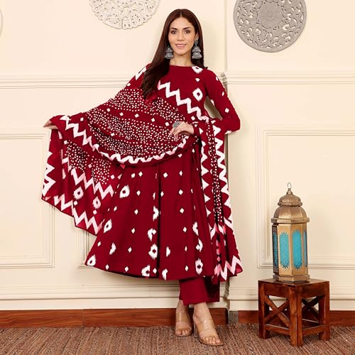 Image of ANNI Designer | Rayon Anarkali Printed Kurta with Pant & Dupatta | Cotton Kurta Set for Women | Stylish Co-Ord Set with Dupatta Ethnic Dress for Women