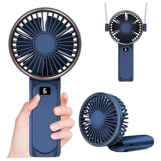 Portable Hand Fan, Mini Rechargeable Small Fan, 4000mAh Long-Lasting Battery Fan, 180° Foldable Table Fan, 6-Speed Quiet Fan with LCD Display, Lanyard Neck Fan for Travel, Makeup, Office, Home (Blue)