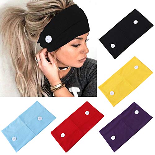 ELABEST Boho Headband with Button Yoga Wide Headbands Sport Hair Band Head Wrap Ear Protection Bandeau 5pcs Elastic Head Band for Women and Girls