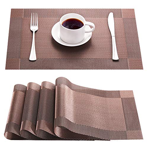 Syntus Placemats Brown PVC Woven Vinyl Table Mats Washable Non-Slip Heat Resistant for Kitchen Dinning Table Thanksgiving Christmas Set of 4