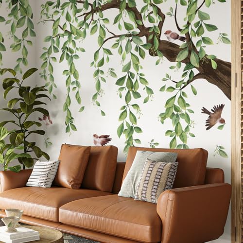 Lilacanthara Large Green Tree Branch Wall Stickers, 3 Sheets Hanging Vine Tree Wall Decals Peel and Stick Waterproof Leaves Branch Wall Murals Decor for Living Room Bedroom (Green, 11.8 * 35.4inch)