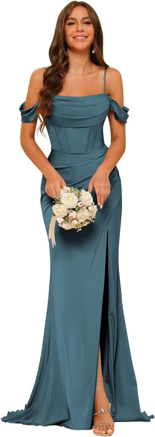 PUXIU Long Satin Bridesmaid Dresses with Silt 2026 Mermaid Formal Dress PUS046