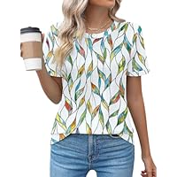 Cuptacc Tee Shirt Femme Col Rond T-Shirt Ete Manche Courte 2025 Fashion Tops Femme Motiv Floral Loose Fit Taille XXXL Blanc-Feuilles