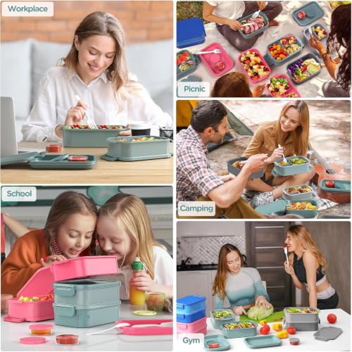 Image of DaCool 2 Pack Adults Lunchbox Bento Box 74 OZ Stackable Lunch Box for Kids Adults Men Women Teens Leakproof Bento Large Lunch Box Container with Fork Spoon Sauce Box for School Work,Grey,Morandi-Green