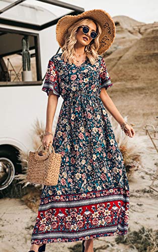 Image of PRETTYGARDEN Women's Casual Summer Boho Floral Print Dress V Neck Short Sleeve High Waist Long Maxi Beach Dresses