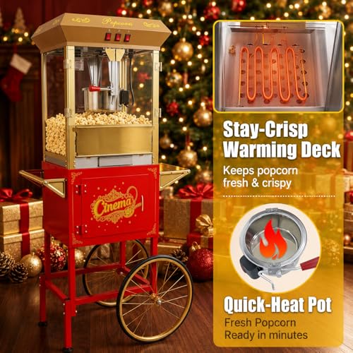 Image of Commercial Popcorn Machine with Cart - 16 OZ Kettle Popcorn Makers with Heating, 3-Switch Control & Tempered Glass Doors, for Office, Schools, Home, Carnival, Movie Theath, Parties, Christmas, Red