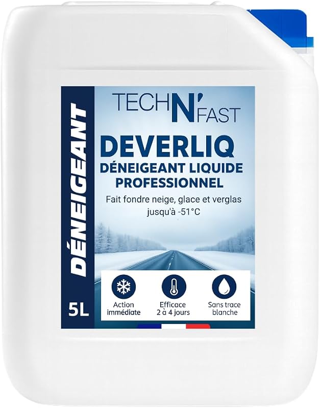 Tech'N'Fast Déneigeant et dégivrant Liquide - résistant jusqu'à -50°C - idéal pour Les Routes, allées et Voitures en Hiver - Action Rapide et Efficace Contre la Neige et Le verglas (5 litres)