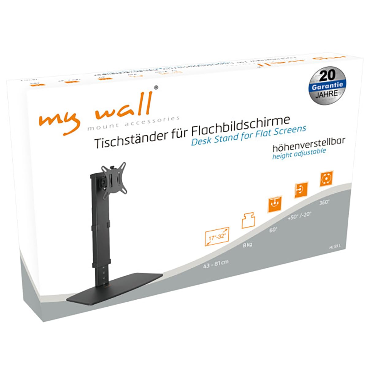 myWall HL 55 L Support de Bureau pour écrans de 17" à 32", jusqu'à 8 kg, réglage de la Hauteur sur 10 Niveaux, pivotant, inclinable, VESA 75/100, Noir