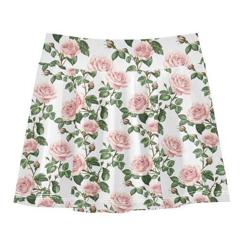 Roses Seamless Little Girls Tennis Skirt with Built in Shorts Little Girl Pleated Skirt with Pockets Flowy Skort for Little Girl