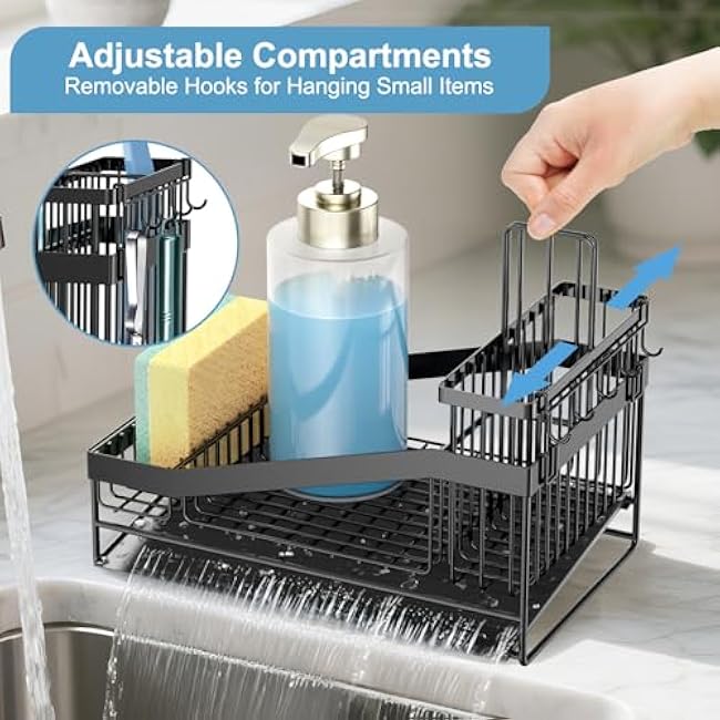 LBTING Sink Caddy for Kitchen, Carbon Steel Sponge Holder with 3 Partitions, Self-Draining Kitchen Countertop Organizer for Sink Strainer, Sponge, Brush, Soap Dish Dispenser ¨C Black