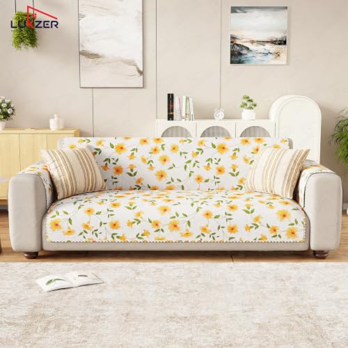 Image of Lukzer 2 Seater Sofa Cover Quilted Reversible WaveEdge Ultrasonic Cut Sofa Mat with Back and Hand Rest Covers - Terra Bloom - Washable Sofa Protector for Modern Living Room 120 x 150 CM /SC-205-02WB