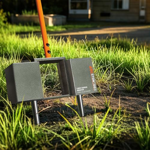 K.D STONEDGE Manual Lawn Coring Aerator Tool Pulling Plugs Collect Box Compacted Soil Improve Garden Yard Loosening Grass Aeration, 4 Replaceable Tines