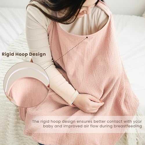 Image of Konssy Muslin Nursing Cover Up for Breastfeeding with Rigid Hoop | 100% Cotton Nursing Apron, Lightweight & Breathable, Carseat Canopy, Breast Feeding Covers for Women