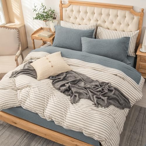 PURE ERA Jersey Knit 4pc Bed Sheet Set 100% T-Shirt Cotton Super Soft Comfy Breathable Fits Mattress Up to 20" Extra Deep Pocket (Heather Blueish Grey, Queen)