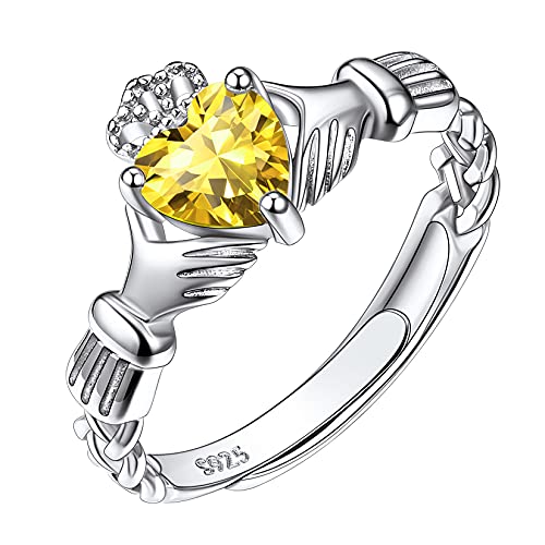 925 Sterling Silver Irish Claddagh Heart Promise Ring, Created Yellow Citrine November Birthstone Delicate Thin Adjustable Engagement Wedding Ring for Her Women Girls Ladies