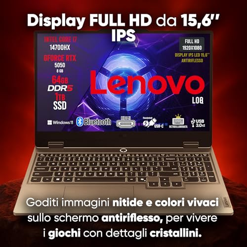 Loq Pc Gaming Portatile i7 14700HX, 64 GB RAM DDR5, GeForce RTX 5050 8GB, SSD 1TB, Notebook Gaming Display IPS 15,6" FHD 144Hz, Laptop Gaming Tastiera Retroilluminata, Wi-Fi 6, Thunderbolt - Notebook - Immagine 1
