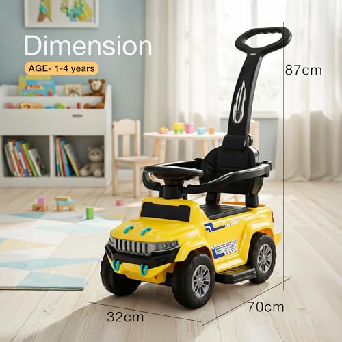 Image of Baybee Speedy Pro Baby Ride on Car for Kids with Parental Handle | Portable Kids Car with LED Lights, Music, Backrest & Basket | Toy Rideons Jeep | Toddler Push Baby Cars for 1 to 3 Years (Yellow)