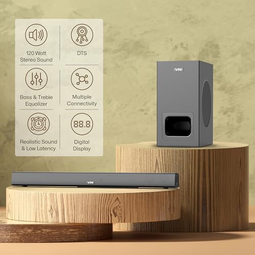 VW Sonic Bar | 120W Soundbar | 2.1 Channel Home Theatre | 5.25" Wired Subwoofer | Multiple Connectivity & Sleek Design (Black) - Image 2