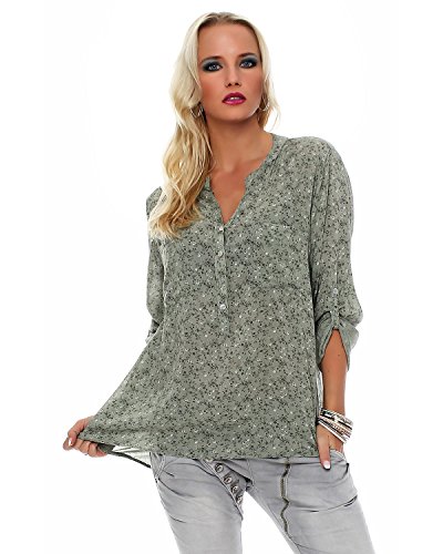Preisvergleich Produktbild ZARMEXX feine Viskosebluse Hemdbluse Langarm- Fischerhemd regular fit leichte Langarm-Sommerbluse Tunika zart gebluemt, army, One Size Gr.38-42