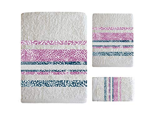 Secaneta. Juego 3 Toallas Baño Jacquard 100% Algodón. Tocador + Lavabo + Ducha. Eiris (Blanco)