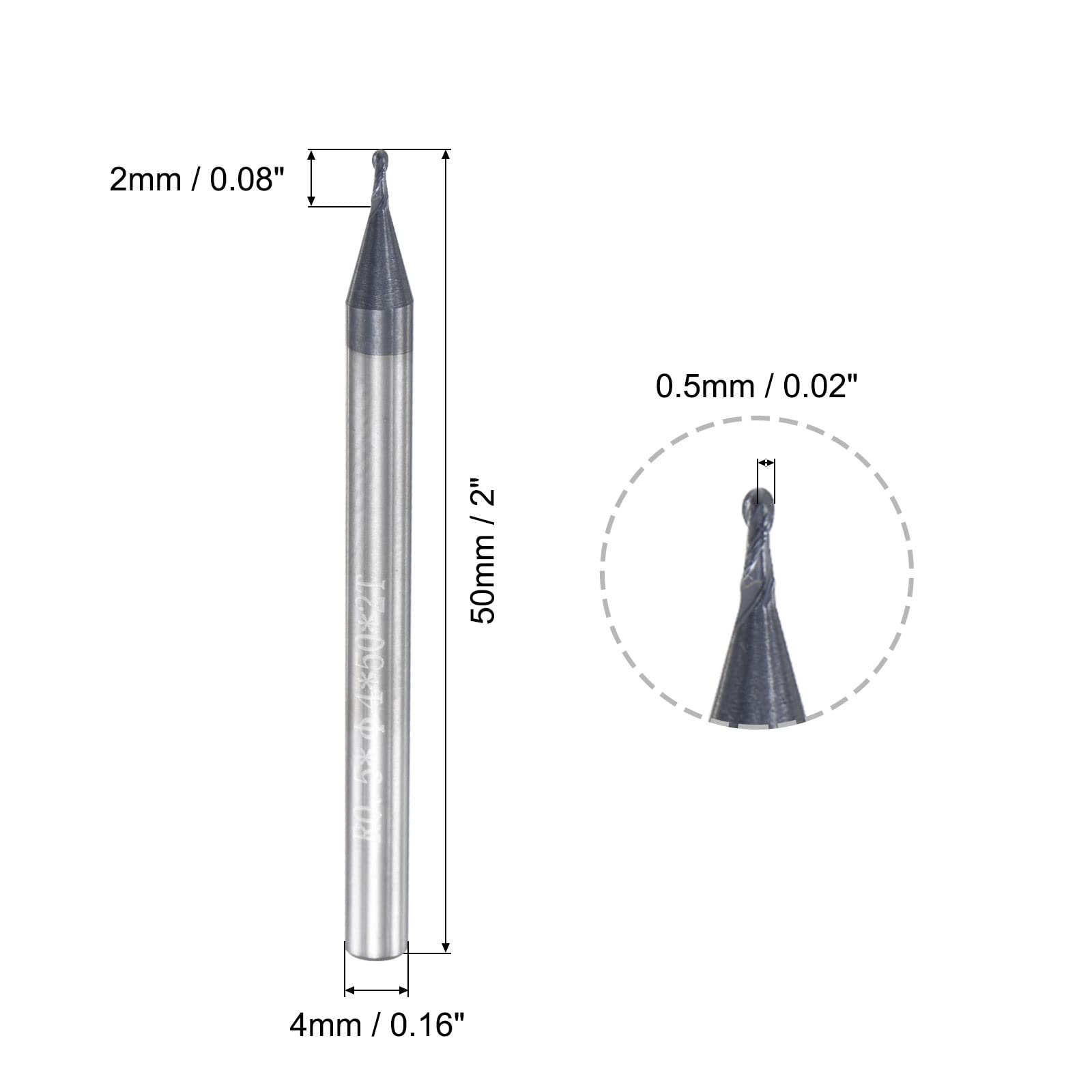 sourcing map Bille Nez Fraise à Queue 0.5mm Pointe Rayon Solide Carbure AlTiSin Revêtu CNC Routeur Embouts 2 Cannelure Spirale Fraisage Fraise HRC45 avec 4mm Queue 50mm Longueur